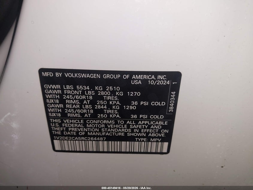 2024 Volkswagen Atlas cross sport VIN 1V2DE2CA5RC264487 IAAI salvage auction — SIDE, Original (Texas), sold $9,300 on 2026-08-01 (photo 9)