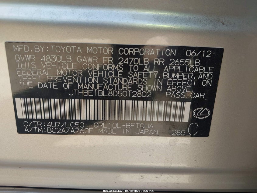 2013 Lexus Gs VIN JTHBE1BL8D5012802 IAAI salvage auction — LEFT REAR, Salvage - Greater Than 75% (Maryland), sold $2,150 on 2026-07-28 (photo 9)