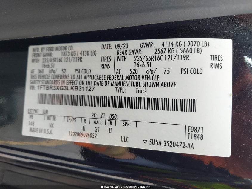 2020 Ford VIN 1FTBR3XG3LKB31127 IAAI salvage auction — REAR END, Clear (California), sold $15,100 on 2026-07-21 (photo 9)