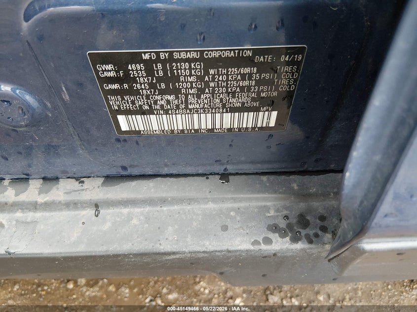 2019 Subaru Outback VIN 4S4BSAJC3K3340841 IAAI salvage auction — HAIL, Salvage (Colorado), sold $3,550 on 2026-07-17 (photo 9)