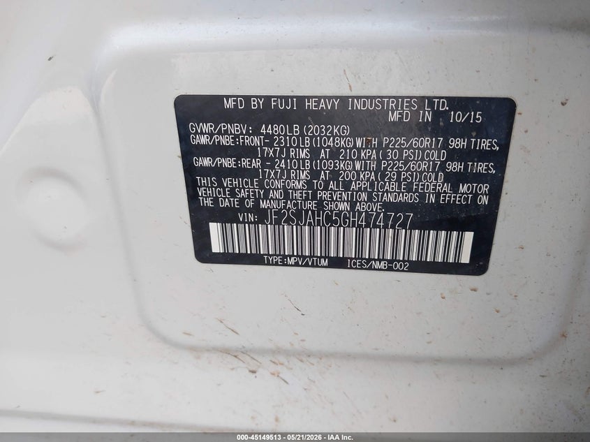 2016 Subaru Forester VIN JF2SJAHC5GH474727 IAAI salvage auction — FRONT END, Prior Salvage (Minnesota), sold $2,050 on 2026-07-16 (photo 9)