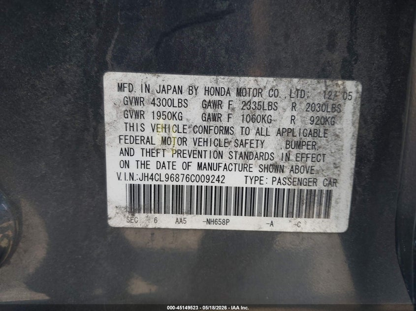 2006 Acura Tsx VIN JH4CL96876C009242 IAAI salvage auction — NORMAL WEAR, Clear (Massachusetts), sold $350 on 2026-07-14 (photo 9)