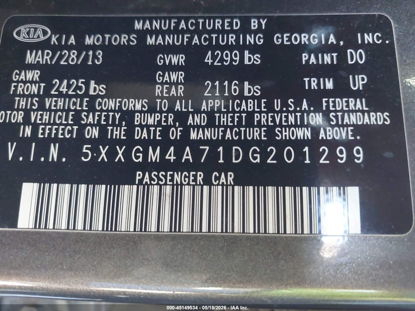 2013 Kia Optima VIN 5XXGM4A71DG201299 IAAI salvage auction — FRONT END, Salvage (California), sold $550 on 2026-07-17 (photo 9)