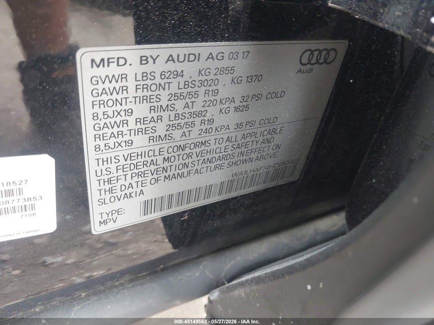 2017 Audi Q7 VIN WA1LHAF74HD050463 IAAI salvage auction — REAR END, Salvage (Idaho), sold $875 on 2026-07-28 (photo 9)