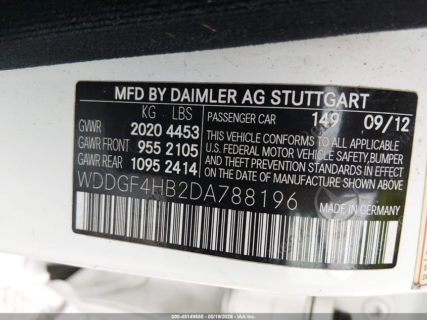 2013 Mercedes-benz C-klasse VIN WDDGF4HB2DA788196 IAAI salvage auction — HAIL, Clear (Missouri), sold $1,750 on 2026-07-06 (photo 9)