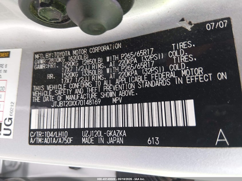 2007 Lexus Gx 470 VIN JTJBT20XX70148169 IAAI salvage auction — LEFT FRONT, Salvage (Texas), sold $3,000 on 2026-07-09 (photo 9)