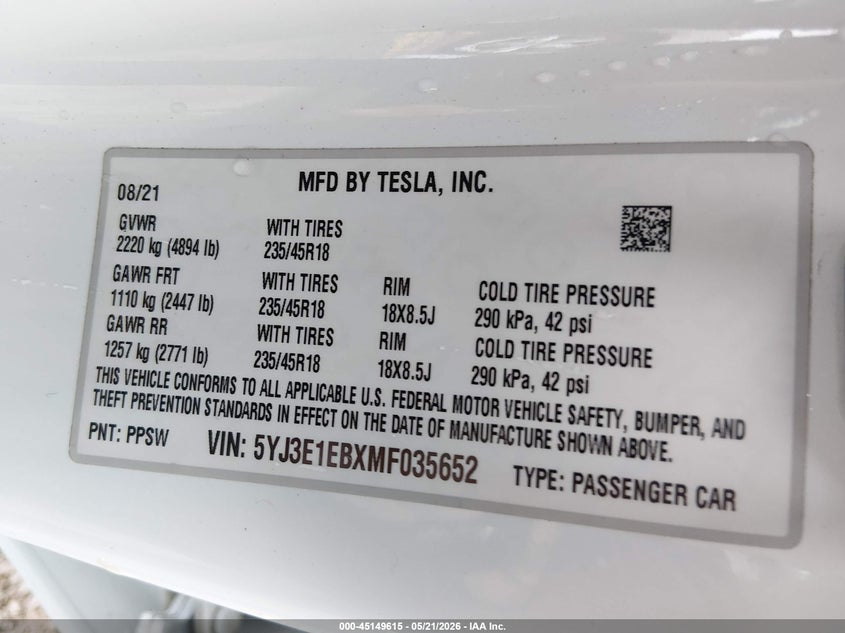 2021 Tesla Model 3 VIN 5YJ3E1EBXMF035652 IAAI salvage auction — SIDE, Salvage (California), sold $5,800 on 2026-08-02 (photo 9)