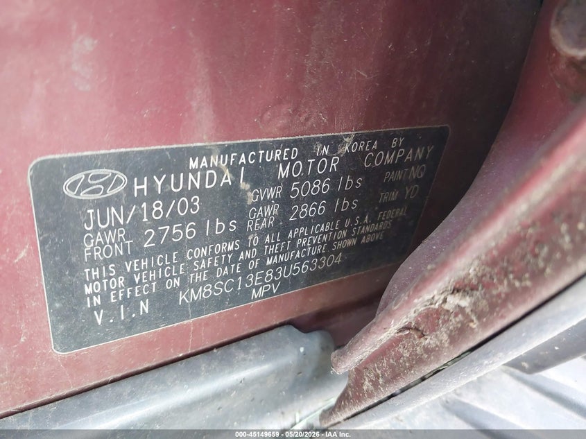 2003 Hyundai Santa fe VIN KM8SC13E83U563304 IAAI salvage auction — NORMAL WEAR, Clear (Illinois), sold $375 on 2026-07-08 (photo 9)