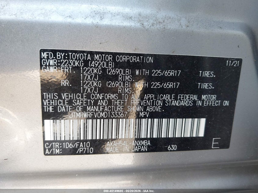 2021 Toyota Rav 4 VIN JTMRWRFV0MD133367 IAAI salvage auction — REAR END, Certificate Of Destruction (Florida), sold $13,200 on 2026-07-27 (photo 9)