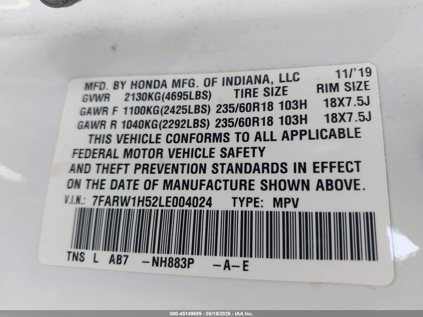 2020 Honda Cr-v VIN 7FARW1H52LE004024 IAAI salvage auction — FRONT & REAR, Salvage (California), sold $6,150 on 2026-07-29 (photo 9)