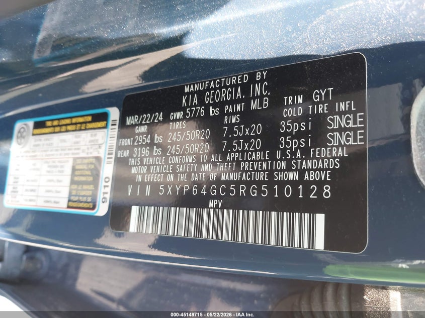2024 Kia Telluride VIN 5XYP64GC5RG510128 IAAI salvage auction — LEFT FRONT, Salvage Certificate (California), sold $9,600 on 2026-07-10 (photo 9)