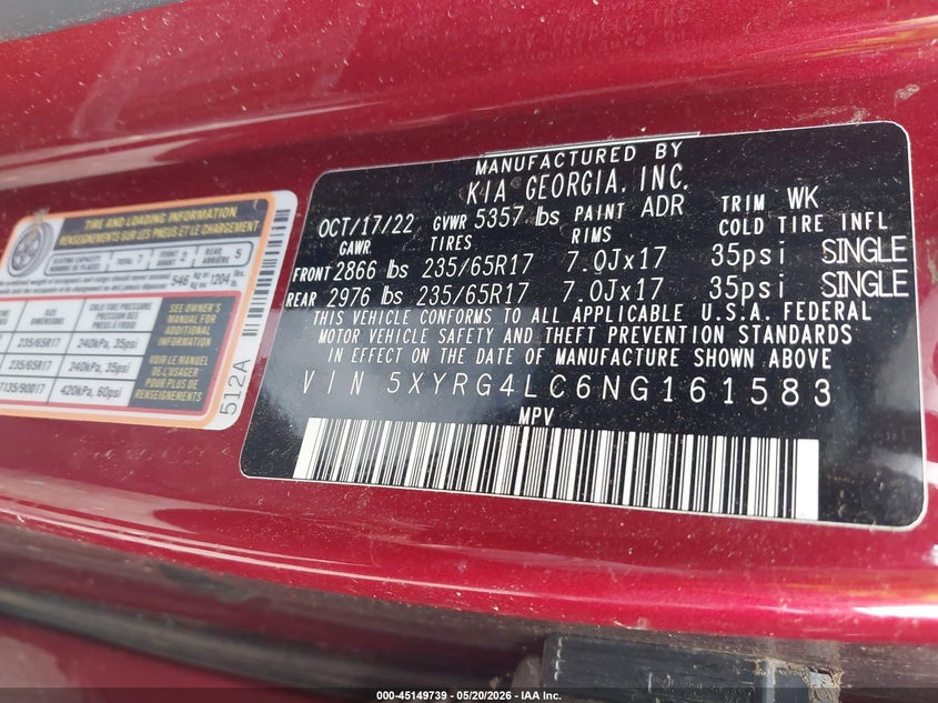 2022 Kia Sorento VIN 5XYRG4LC6NG161583 IAAI salvage auction — ROLLOVER, Salvage (Arkansas), sold $1,000 on 2026-07-08 (photo 9)