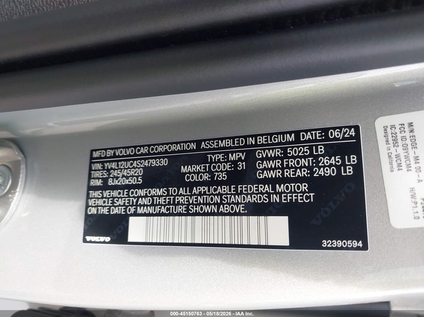 2025 Volvo Xc40 VIN YV4L12UC4S2479330 IAAI salvage auction — SIDE, Original (Texas), sold $6,800 on 2026-07-16 (photo 9)