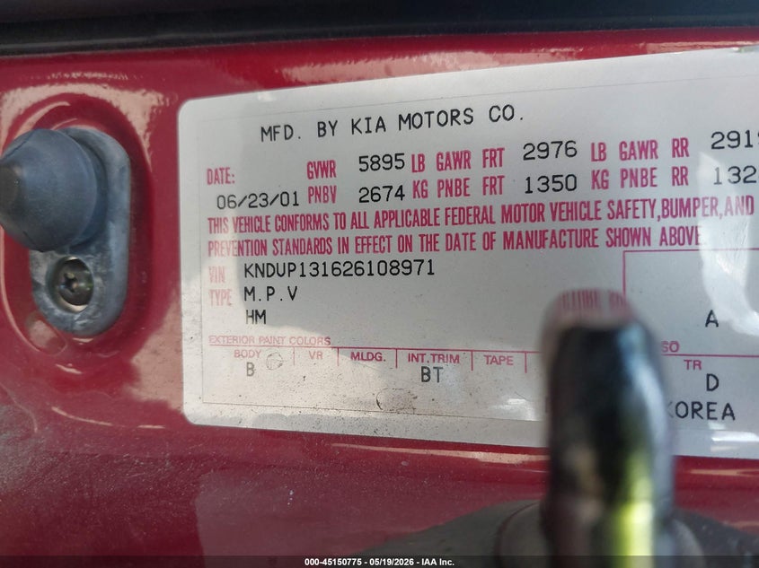 2002 Kia SEDONA VIN KNDUP131626108971 IAAI salvage auction — FRONT END, Bill Of Sale (Washington), sold $100 on 2026-07-14 (photo 9)