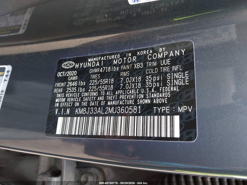 2021 Hyundai Tucson VIN KM8J33AL2MU360581 IAAI salvage auction — FRONT END, Original (Texas), sold $2,250 on 2026-07-14 (photo 9)