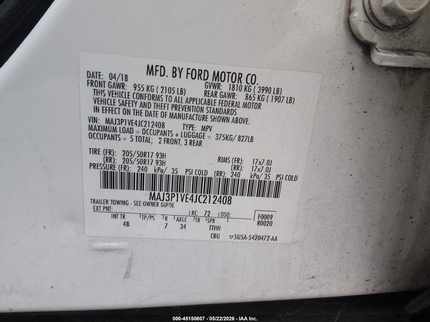 2018 Ford Ecosport VIN MAJ3P1VE4JC212408 IAAI salvage auction — HAIL, Clear (Missouri), sold $1,225 on 2026-07-27 (photo 9)