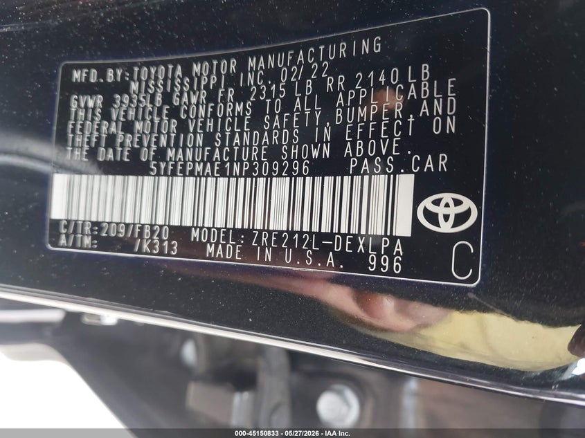 2022 Toyota Corolla VIN 5YFEPMAE1NP309296 IAAI salvage auction — RIGHT SIDE, Salvage Title, sold $4,600 on 2026-07-20 (photo 9)