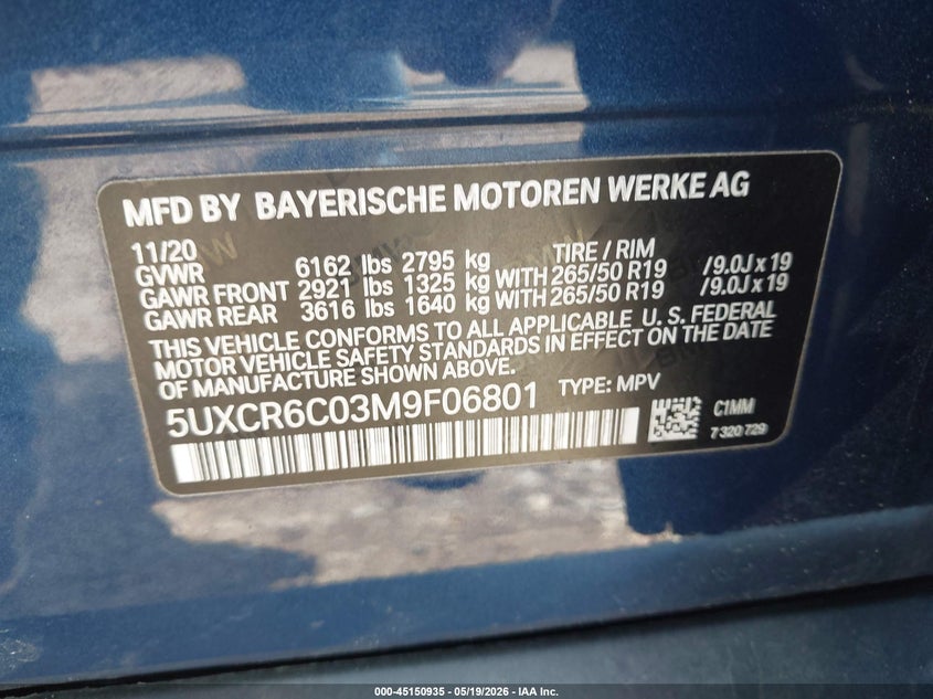 2021 BMW X5 VIN 5UXCR6C03M9F06801 IAAI salvage auction — FRONT END, Salvage (Texas), sold $17,500 on 2026-07-11 (photo 9)