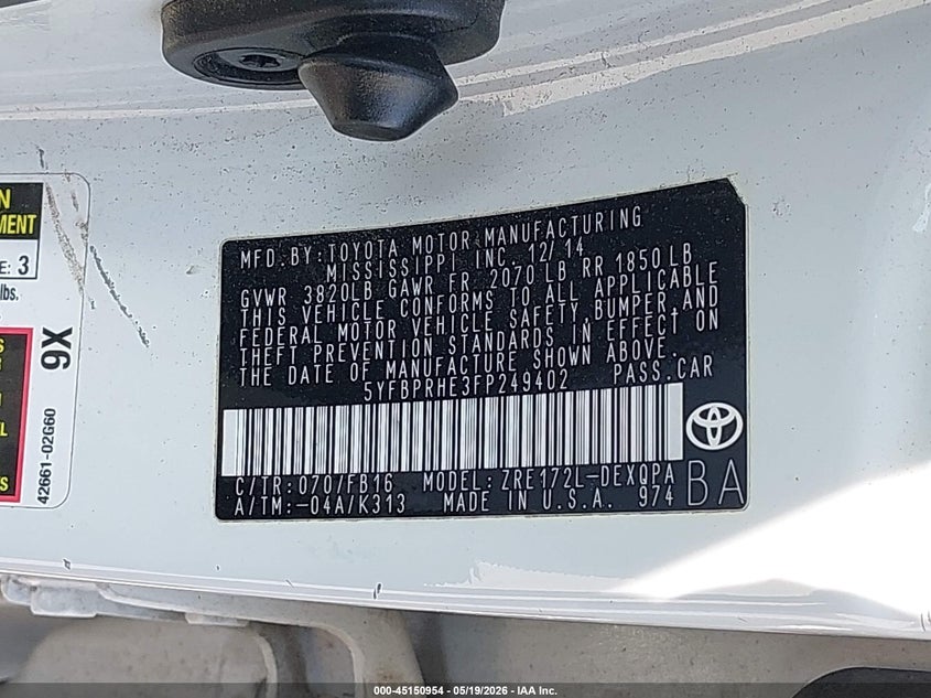 2015 Toyota Corolla VIN 5YFBPRHE3FP249402 IAAI salvage auction — HAIL, Clear (Indiana), sold $2,950 on 2026-07-20 (photo 9)