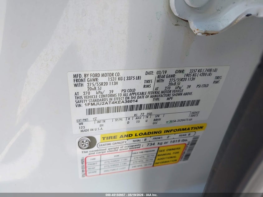 2019 Ford Expedition VIN 1FMJU2AT4KEA36014 IAAI salvage auction — FRONT & REAR, Salvage Certificate (California), sold $7,250 on 2026-07-31 (photo 9)
