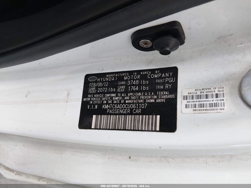 2012 Hyundai Veloster VIN KMHTC6AD0CU061107 IAAI salvage auction — FRONT END, Rebuildable (Florida), sold $225 on 2026-07-22 (photo 9)