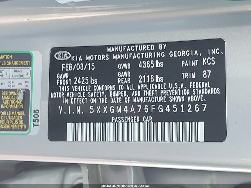 2015 Kia Optima VIN 5XXGM4A76FG451267 IAAI salvage auction — RIGHT FRONT, Salvage (California), sold $1,900 on 2026-07-28 (photo 9)