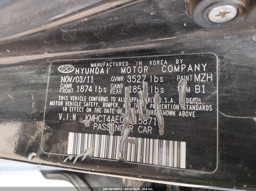 2012 Hyundai Accent VIN KMHCT4AE0CU158711 IAAI salvage auction — FRONT END, Salvage Title, sold $300 on 2026-07-08 (photo 9)