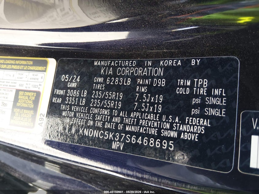 2025 Kia Carnival VIN KNDNC5K37S6468695 IAAI salvage auction — RIGHT SIDE, Salvage (New Mexico), sold $16,500 on 2026-08-19 (photo 9)