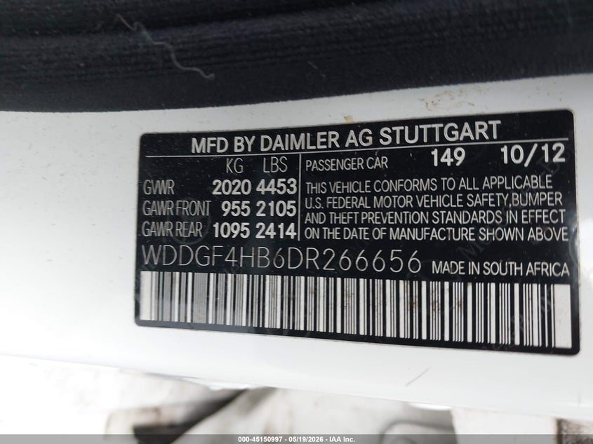 2013 Mercedes-benz C-klasse VIN WDDGF4HB6DR266656 IAAI salvage auction — RIGHT SIDE, Salvage (Texas), sold $1,325 on 2026-07-16 (photo 9)