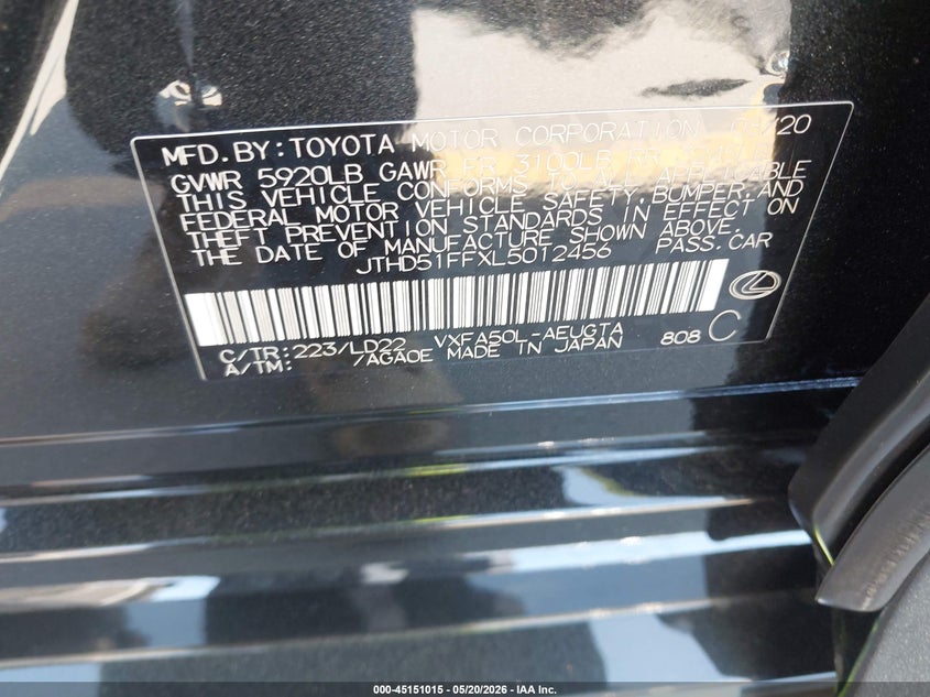 2020 Lexus Ls VIN JTHD51FFXL5012456 IAAI salvage auction — FRONT END, Salvage Title, sold $9,300 on 2026-08-03 (photo 9)
