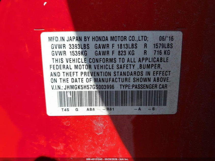 2016 Honda Fit VIN JHMGK5H57GS003996 IAAI salvage auction — HAIL, Salvage (Minnesota), sold $4,650 on 2026-07-13 (photo 9)