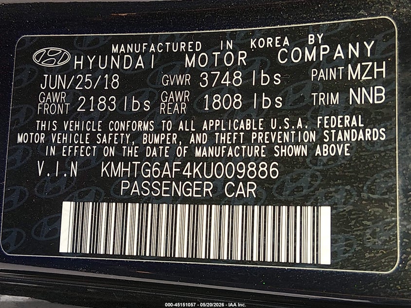 2019 Hyundai Veloster VIN KMHTG6AF4KU009886 IAAI salvage auction — RIGHT SIDE, Salvage (Nevada), sold $325 on 2026-07-25 (photo 9)