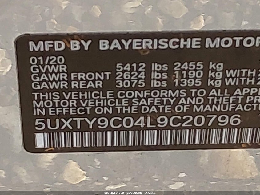 2020 BMW X3 VIN 5UXTY9C04L9C20796 IAAI salvage auction — FRONT & REAR, Mv-907A (New York), sold $1,250 on 2026-07-28 (photo 9)
