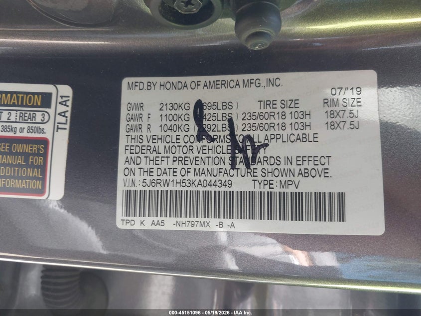 2019 Honda Cr-v VIN 5J6RW1H53KA044349 IAAI salvage auction — SIDE, Salvage (California), sold $7,000 on 2026-07-05 (photo 9)