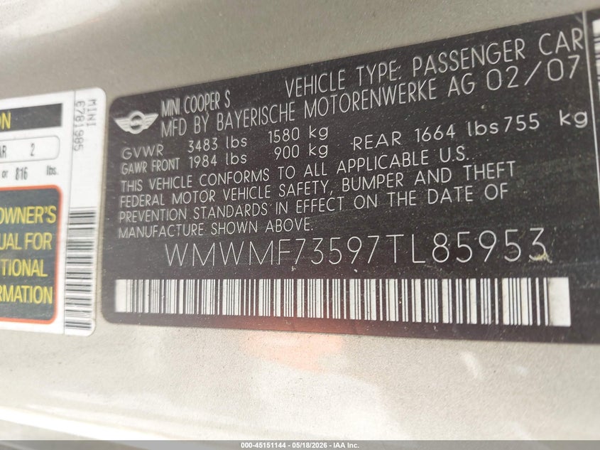 2007 Mini Cooper VIN WMWMF73597TL85953 IAAI salvage auction — NORMAL WEAR, Salvage (Texas), sold $275 on 2026-07-28 (photo 9)