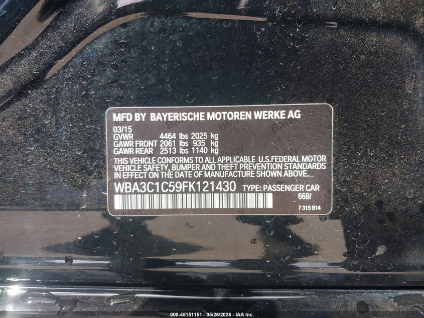 2015 BMW 3er VIN WBA3C1C59FK121430 IAAI salvage auction — NORMAL WEAR, Salvage (California), sold $450 on 2026-07-06 (photo 9)