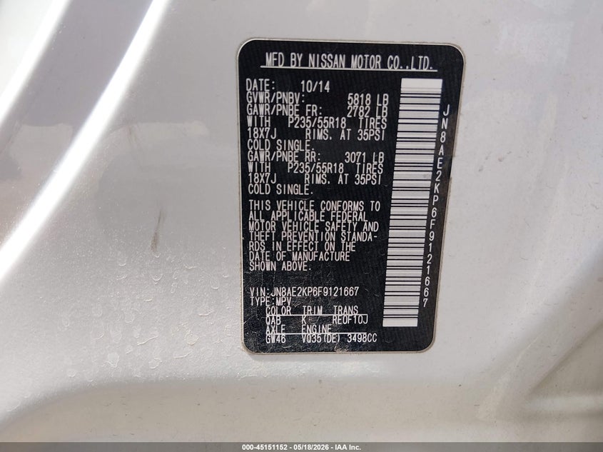 2015 Nissan Quest VIN JN8AE2KP6F9121667 IAAI salvage auction — LEFT FRONT, Salvage (Arizona), sold $1,250 on 2026-07-14 (photo 9)