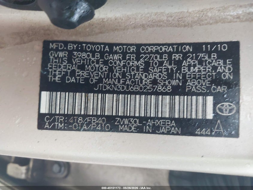 2011 Toyota Prius VIN JTDKN3DU6B0257868 IAAI salvage auction — NORMAL WEAR, Bill Of Sale (Tennessee), sold $575 on 2026-07-30 (photo 9)