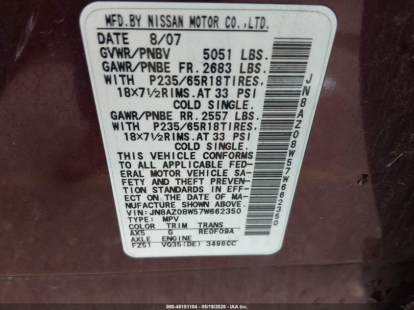 2007 Nissan Murano VIN JN8AZ08W57W662350 IAAI salvage auction — FRONT & REAR, Salvage (Colorado), sold $25 on 2026-07-28 (photo 9)
