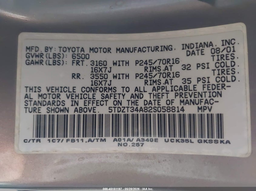 2002 Toyota Sequoia VIN 5TDZT34A82S058814 IAAI salvage auction — NORMAL WEAR, Clear - Dealer Only (California), sold $600 on 2026-07-07 (photo 9)