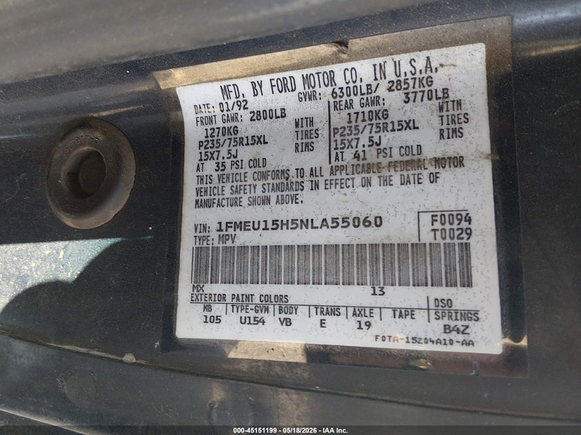 1992 Ford Bronco VIN 1FMEU15H5NLA55060 IAAI salvage auction — NORMAL WEAR, Bill Of Sale - Parts Only (Connecticut), sold $450 on 2026-07-09 (photo 9)