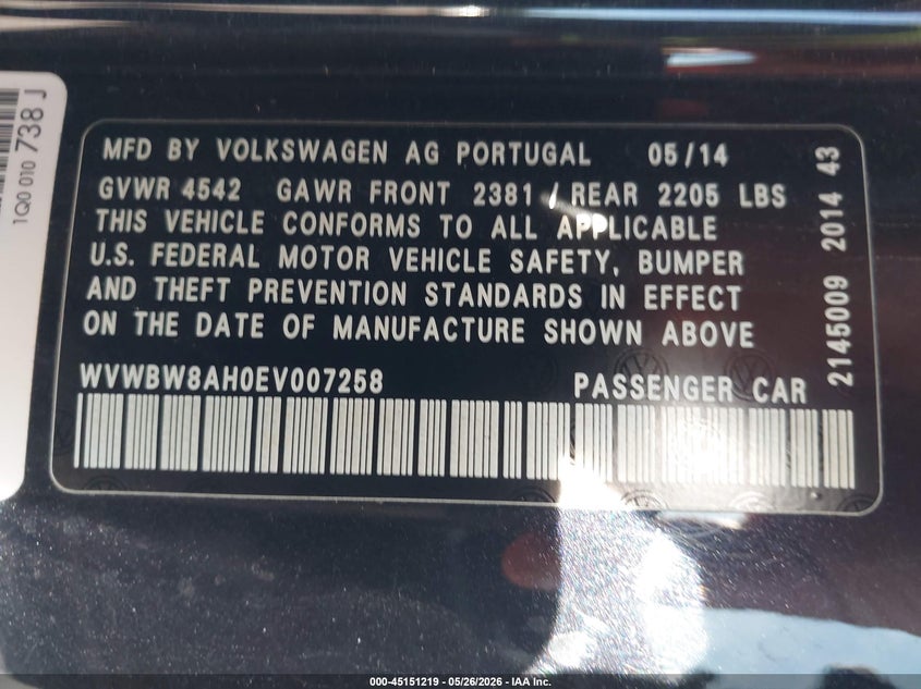 2014 Volkswagen Eos VIN WVWBW8AH0EV007258 IAAI salvage auction — HAIL, Salvage (Iowa), sold $2,400 on 2026-08-10 (photo 9)