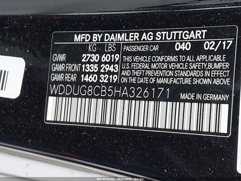2017 Mercedes-benz S-klasse VIN WDDUG8CB5HA326171 IAAI salvage auction — HAIL, Original (Texas), sold $3,600 on 2026-07-21 (photo 9)