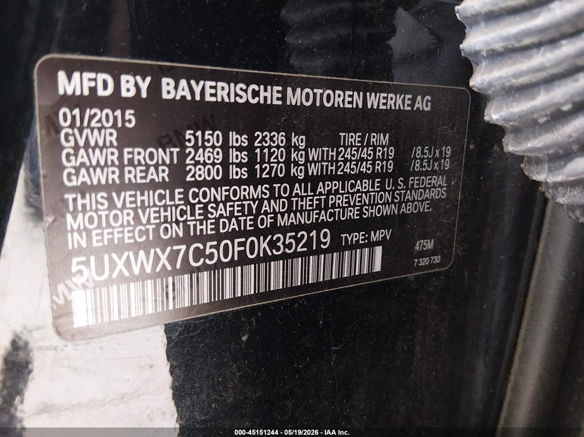 2015 BMW X3 VIN 5UXWX7C50F0K35219 IAAI salvage auction — FRONT END, Bill Of Sale (Washington), sold $2,400 on 2026-07-08 (photo 9)