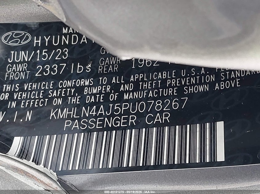 2023 Hyundai Elantra VIN KMHLN4AJ5PU078267 IAAI salvage auction — SIDE, Salvage (California), sold $4,150 on 2026-07-10 (photo 9)
