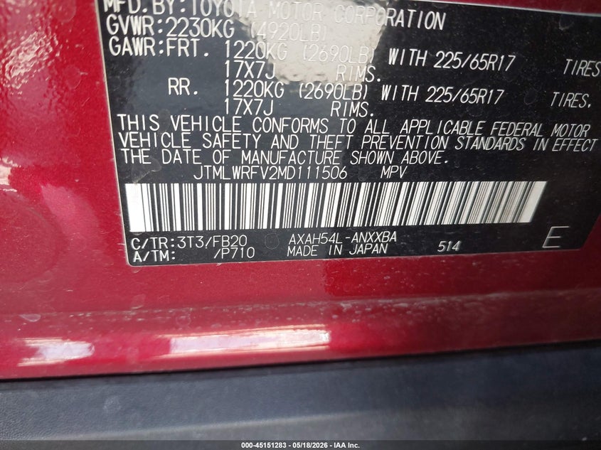 2021 Toyota Rav 4 VIN JTMLWRFV2MD111506 IAAI salvage auction — FRONT & REAR, Salvage (California), sold $10,150 on 2026-07-22 (photo 9)