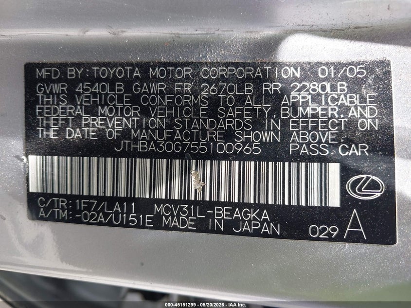 2005 Lexus Es 330 VIN JTHBA30G755100965 IAAI salvage auction — LEFT FRONT, Salvage (California), sold $650 on 2026-07-15 (photo 9)