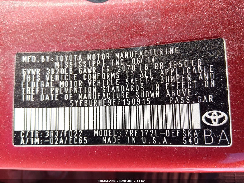2014 Toyota Corolla VIN 5YFBURHE9EP150915 IAAI salvage auction — FRONT END, Salvage (Nevada), sold $3,400 on 2026-07-31 (photo 9)
