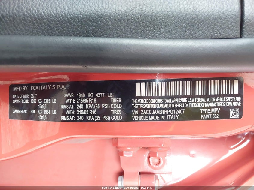2017 Jeep Renegade VIN ZACCJAAB1HPG12407 IAAI salvage auction — RIGHT SIDE, Original (Texas), sold $2,000 on 2026-08-18 (photo 9)