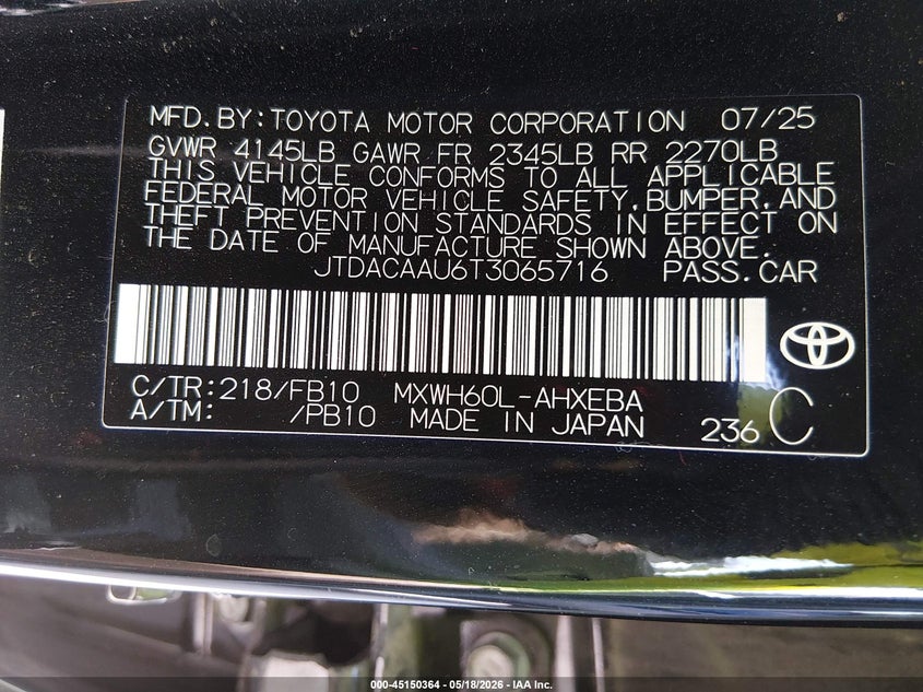 2026 Toyota Prius VIN JTDACAAU6T3065716 IAAI salvage auction — RIGHT FRONT, Original (Texas), sold $12,000 on 2026-07-16 (photo 9)